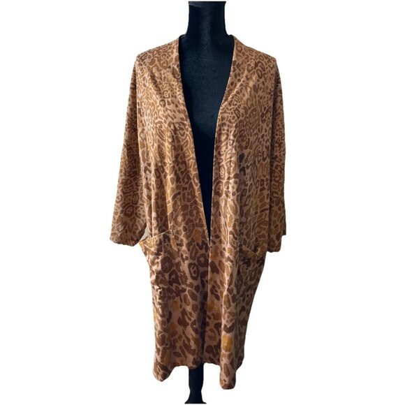 Isaac Mizrahi Live Size 2X Brown Cheetah Animal Print Open Cardigan Pockets - Picture 1 of 6